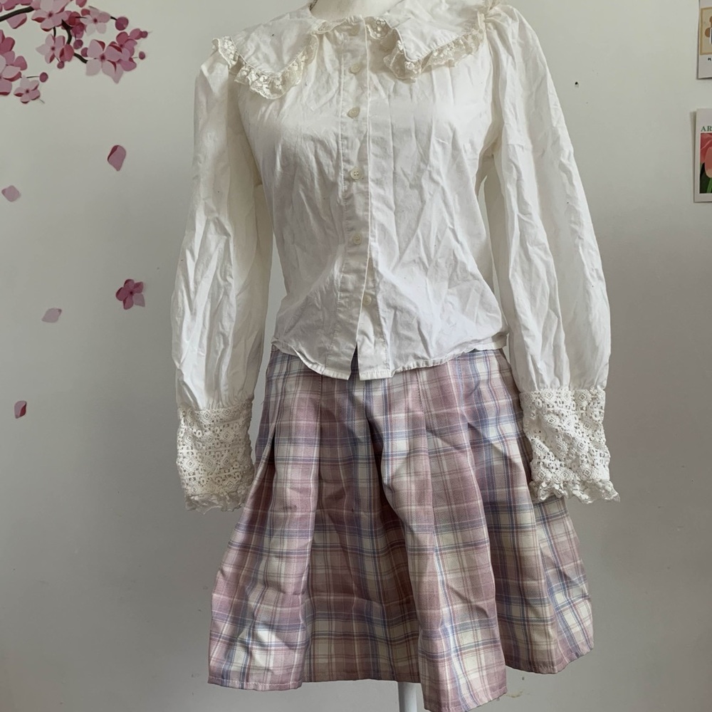 White Lace Blouse and Plaid Skirt Set